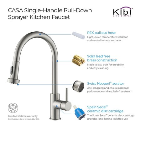 Kibi Casa Single Handle Pull Down Kitchen Sink Faucet KKF2002BN